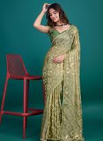 Glass Zari Green Party Wear Sequins Work Saree